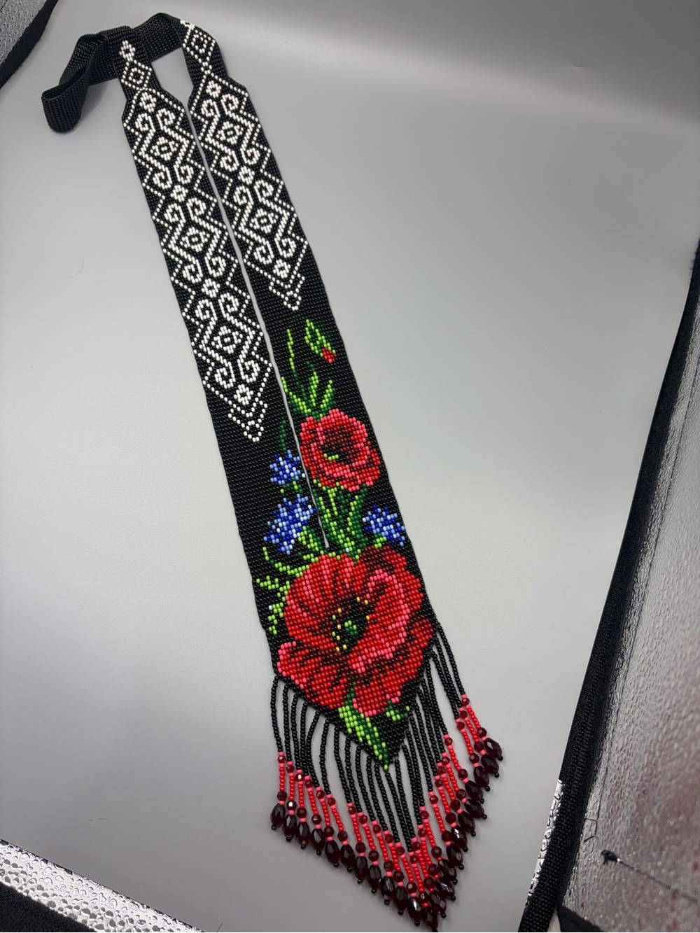 Handmade Black Beaded Necklace with Red Poppy Design